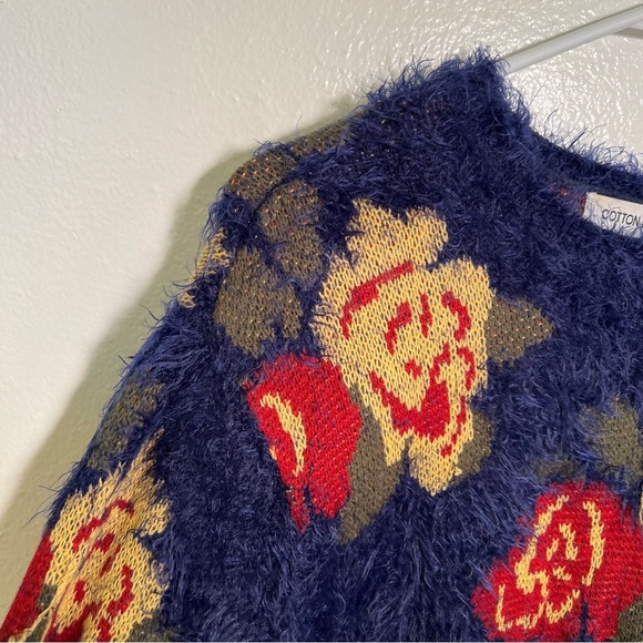 Cotton Emporium Fuzzy Crewneck Sweater Blue Rose Floral S - Picture 4 of 8